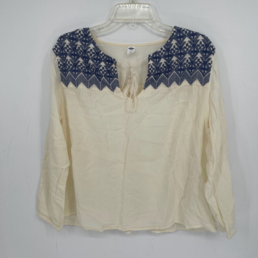 Old Navy Women's Cream Embroidered Long Sleeve Tassel Peasant Top Blouse Size L